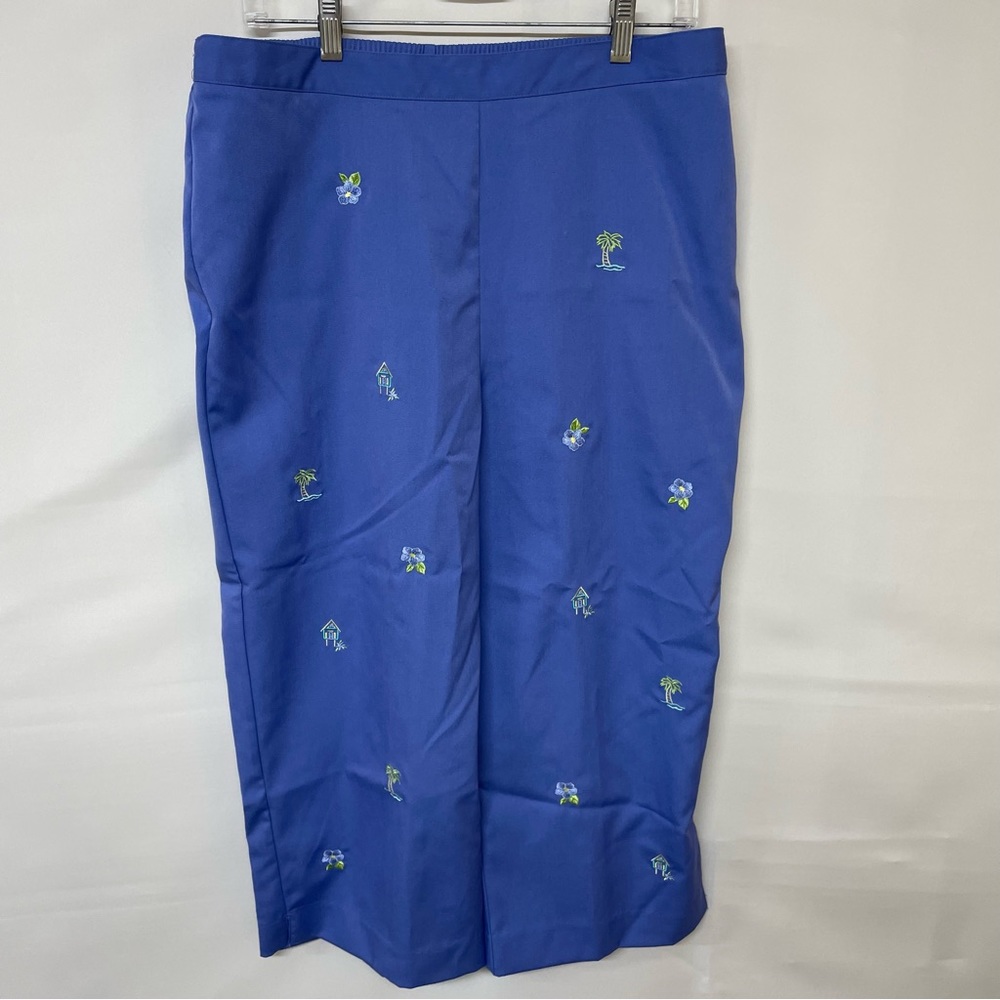 Alfred Dunner Pants Womens 16 Blue Tropical Embroidered Flat Front Pull On Pants